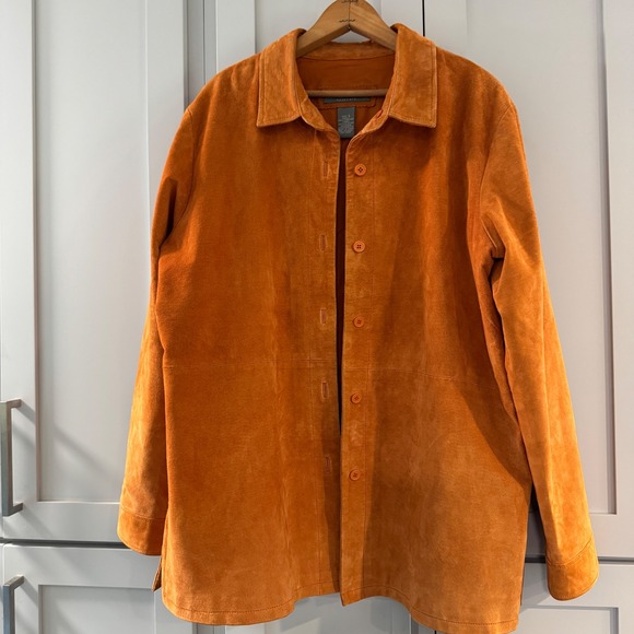 Jessica Holbrook Easy Care Suede Genuine Leather Jacket Orange Button Down Large - Picture 1 of 6